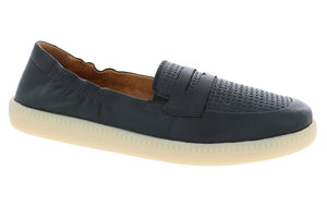 Dark blue leather loafer with a perforated upper and white sole.