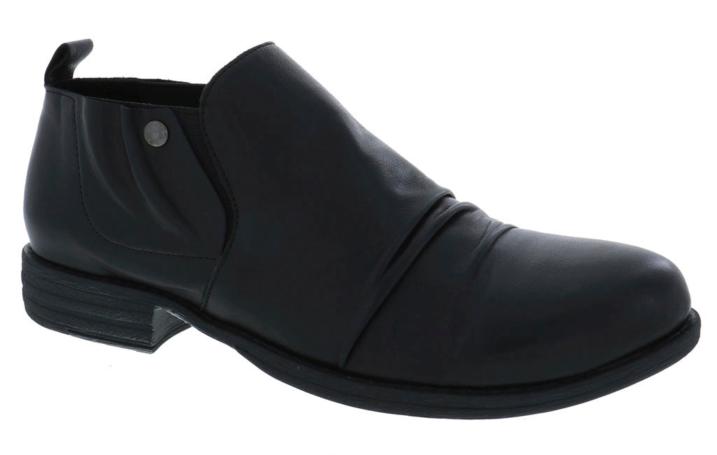 Black leather ankle boot with low heel and elastic side.