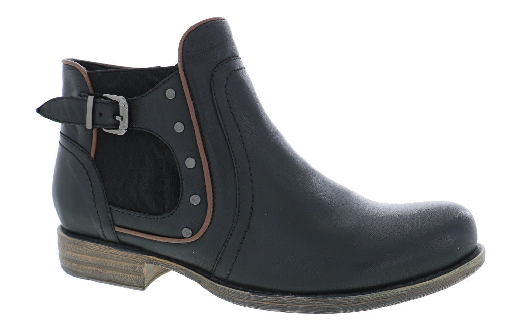 Black leather ankle boot with side buckle and stud accents.