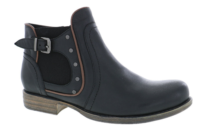 Black leather ankle boot with side buckle and stud accents.