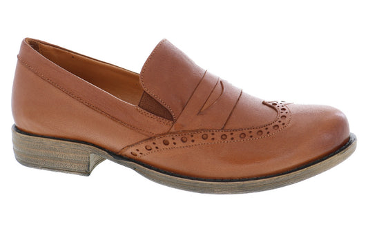 A light brown leather penny loafer with brogue detailing, featuring a low heel and rounded toe.
