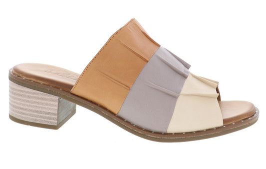 Slide sandal with block heel, horizontal layered leather fringe in tan, gray, and cream.