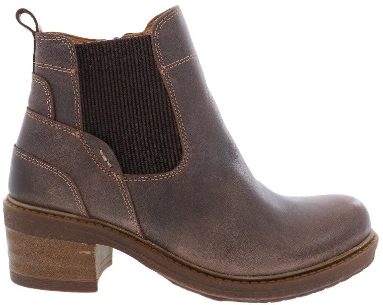 A brown leather ankle boot with a side elastic panel, pull tab at the heel, and a stacked block heel.