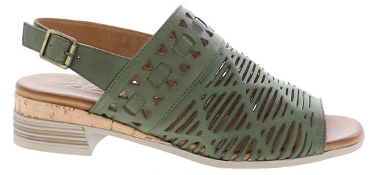 Green sandal with cut-out details and an ankle strap.