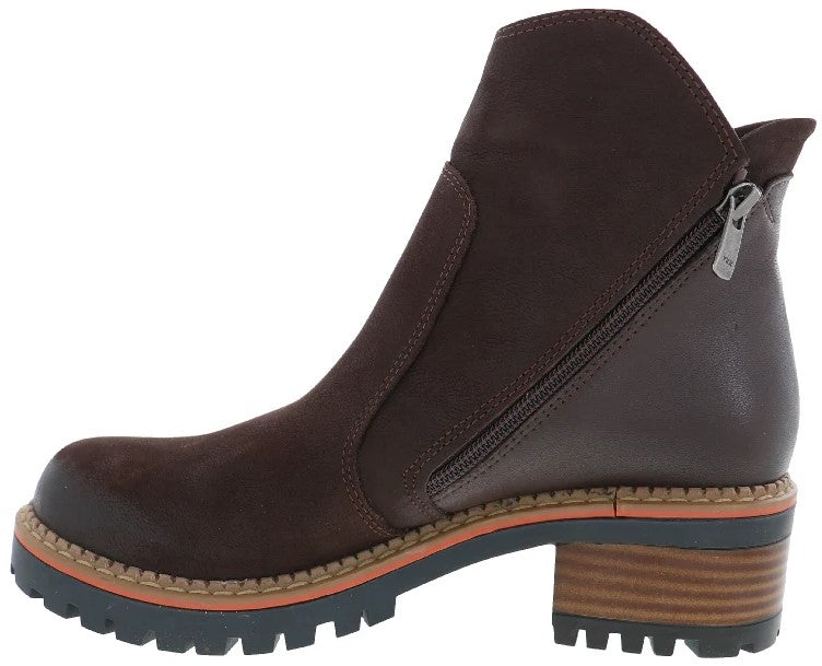 A brown ankle boot with a rounded toe, side zipper, and a chunky, lugged sole with a wood-grain textured heel.