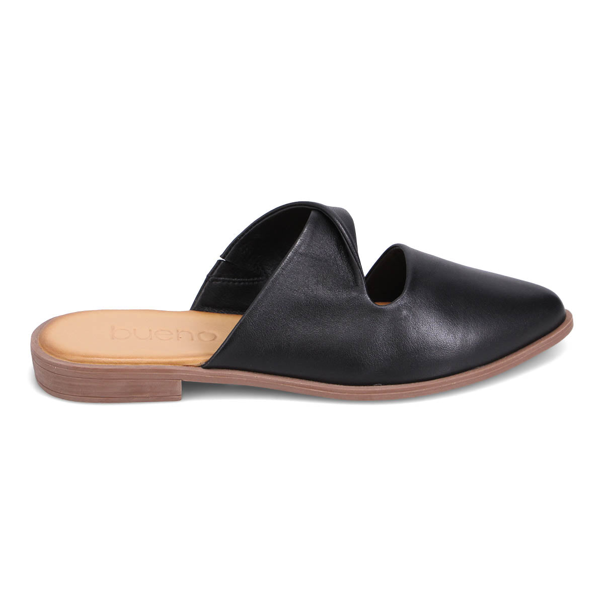 black, pointy-toe slide with overlapping upper
