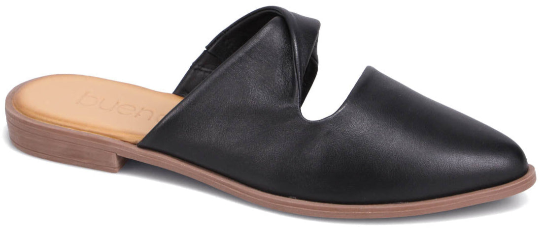 Black leather mule with a pointed toe and twisted top.