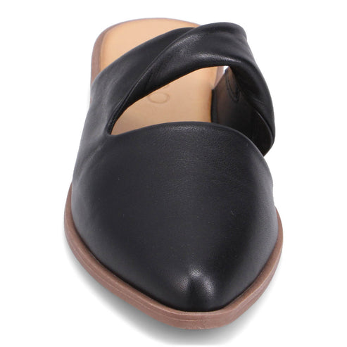 Black leather mule with a pointed toe and a wide strap.