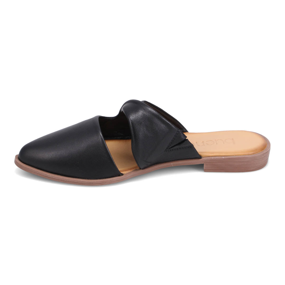Black flat leather mule with open sides.