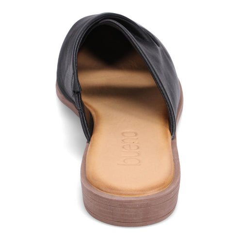 Leather black clog style shoe with 'bueno' engraved on insole.