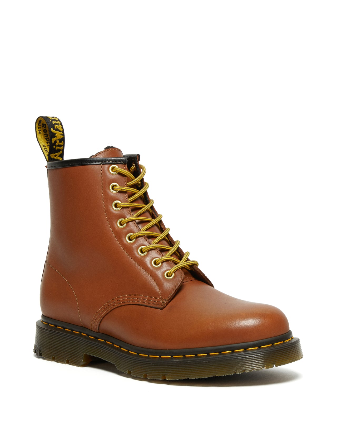 Brown leather boot with yellow laces, black trim, and yellow "AirWair" pull tab.