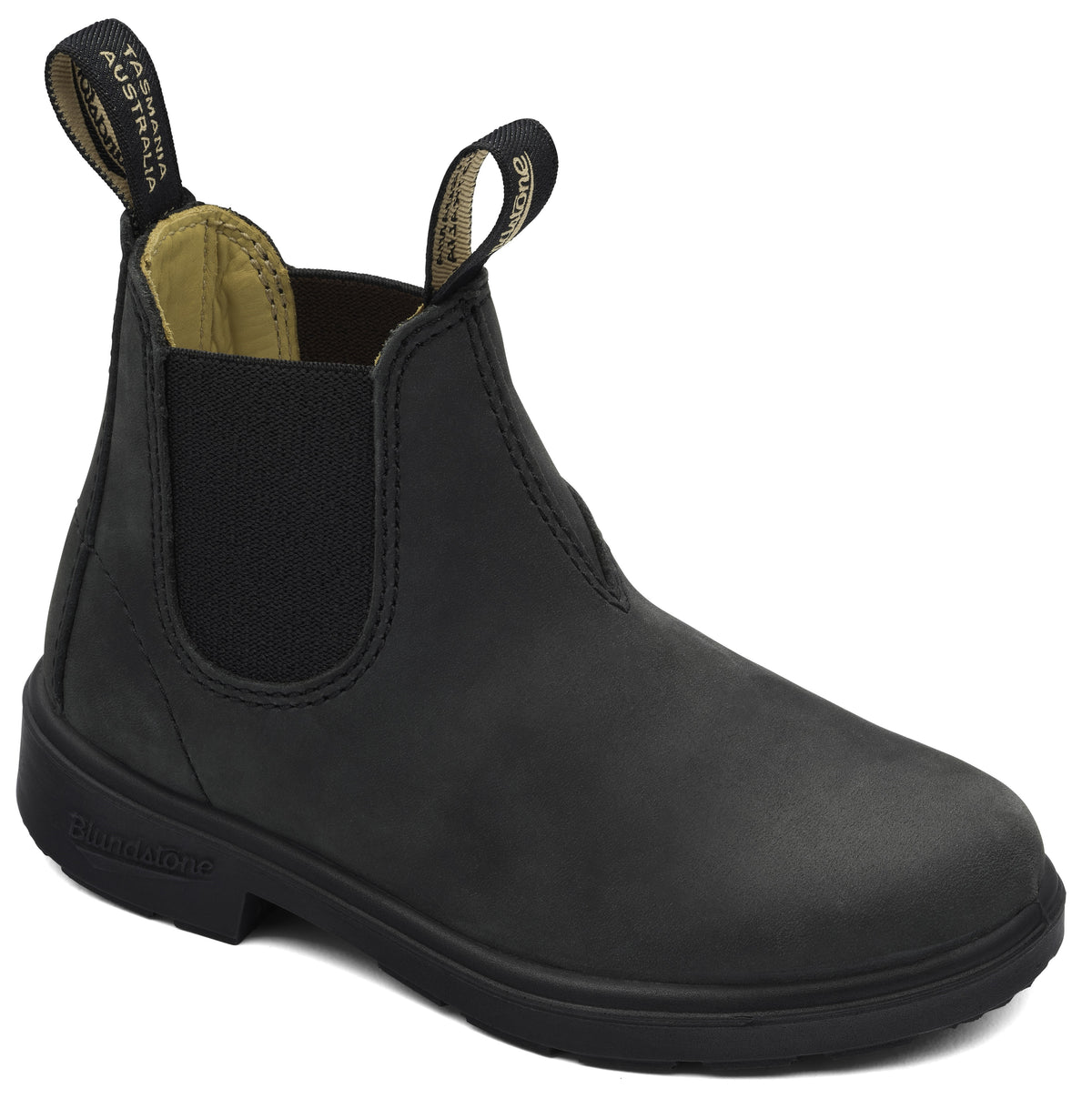 A black leather slip-on ankle boot with elastic side gussets, a round toe, a thick black sole, and two pull tabs, with 'TASMANIA AUSTRALIA' visible on one of the tabs.