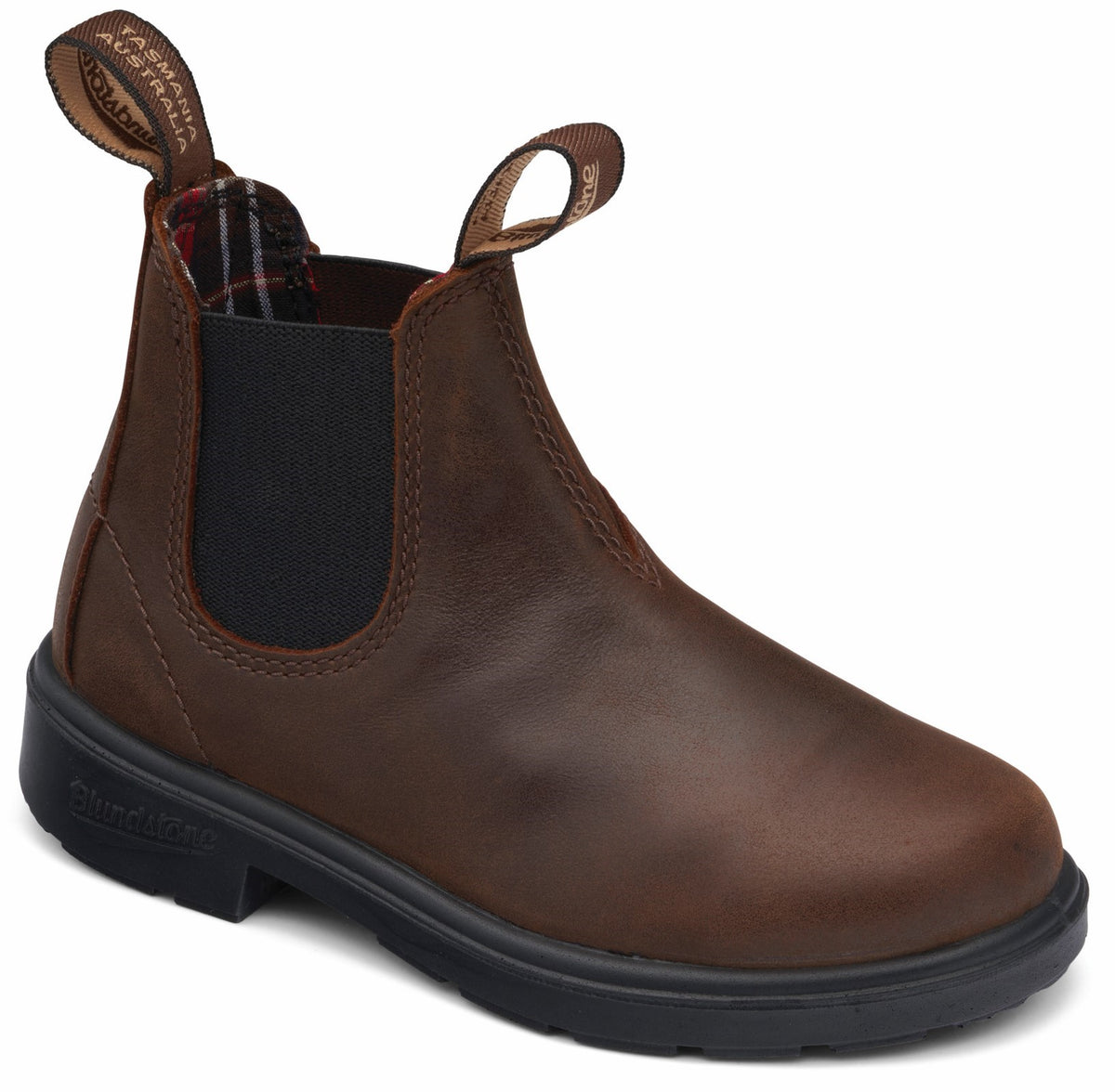 A brown leather Chelsea boot with a black elastic side panel, a black rubber sole, and two pull-tabs at the top with text reading Tasmania Australia.