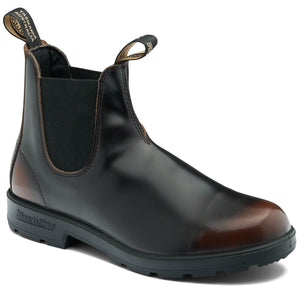 Chelsea boot with a leather upper and elastic side panels.
