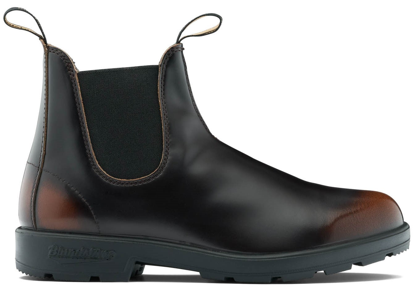 Brown and black pull-on ankle boot with elastic side panels and treaded sole.