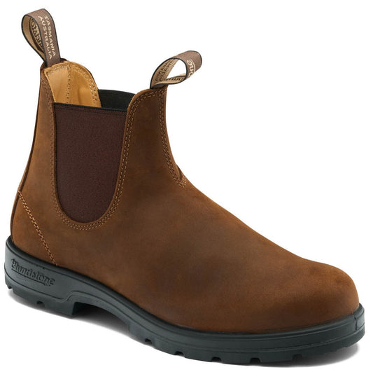 Brown leather Chelsea boot with black sole and heel tab.