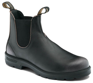Black, leather Chelsea boot with black sole and heel loops