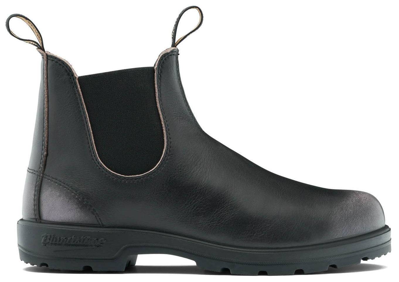 A black Chelsea boot with elastic side panels and a loop on the front and back.