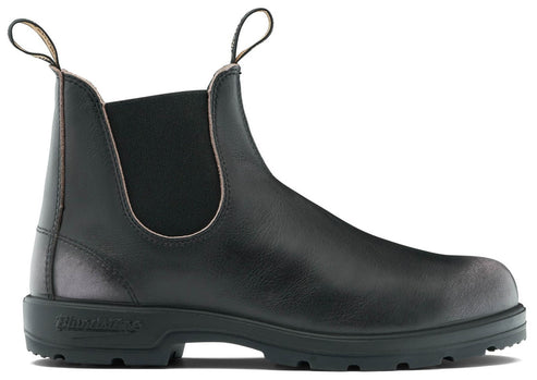 A black Chelsea boot with elastic side panels and a loop on the front and back.