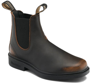 Brown leather pull-on boot with black elastic sides and a black sole. The pull loops have white lettering.