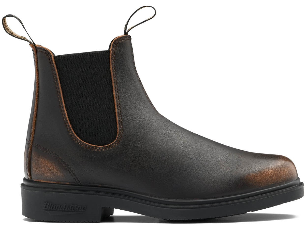 A brown leather pull-on boot with a black sole and a black elastic side panel.