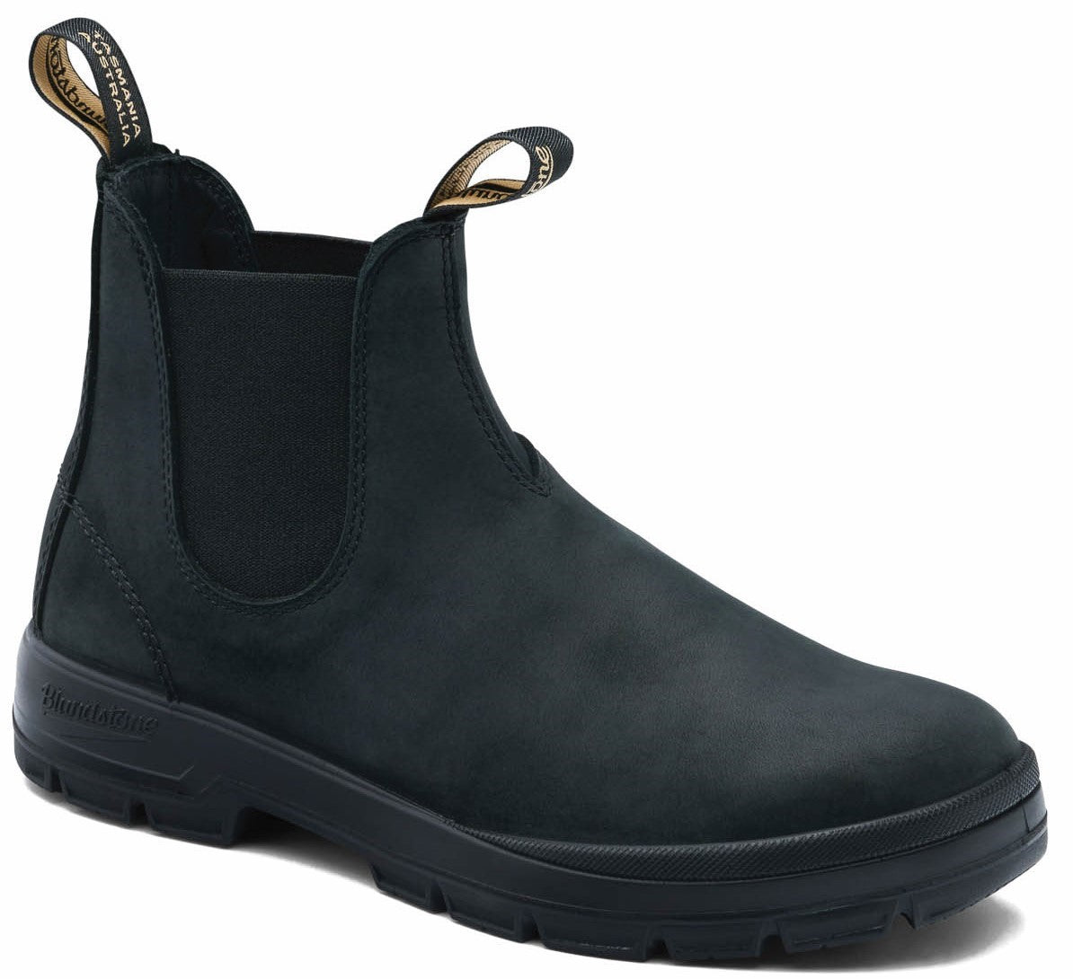 A black leather Chelsea boot with elastic side panels, a thick rubber lug sole, and two branded pull tabs reading Tasmania Australia.
