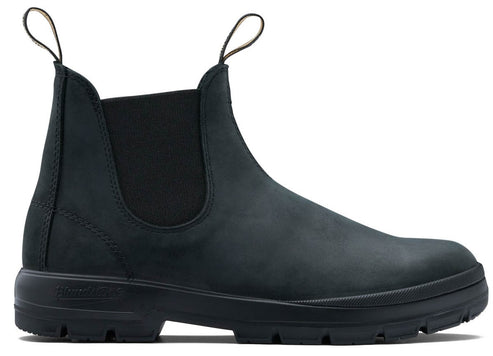 A black leather Chelsea boot with dual elastic side panels, front and back pull tabs, and a thick, lugged rubber sole.