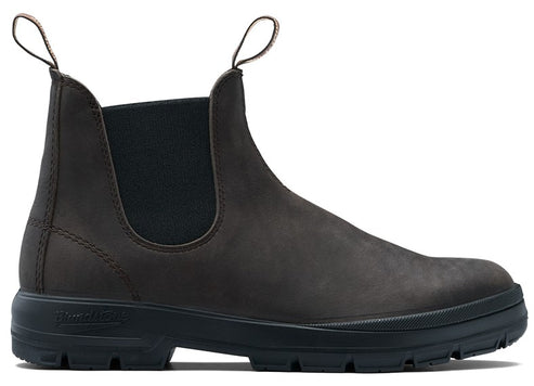 A dark brown leather Chelsea boot with black elastic side panels, black rubber sole, and two fabric pull loops at the top collar.