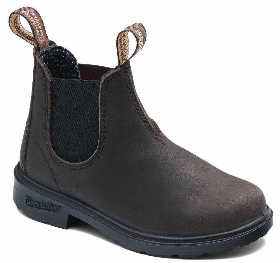 A brown leather pull-on Chelsea boot with black elastic side panels, a thick black rubber sole, and two brown fabric pull tabs at the collar with 'Tasmania Australia' printed on one.