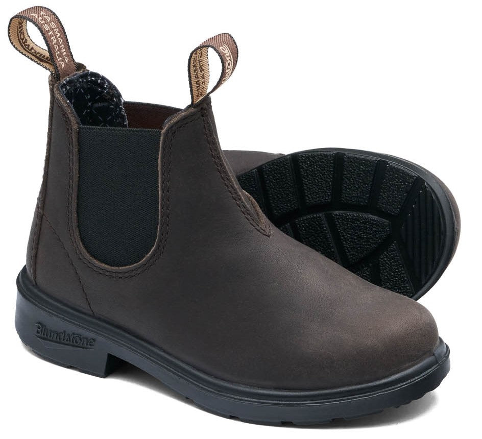A brown leather Blundstone Chelsea boot with black elastic side panels, black rubber soles, and brown pull tabs on the front and back featuring the text 'TASMANIA AUSTRALIA'.