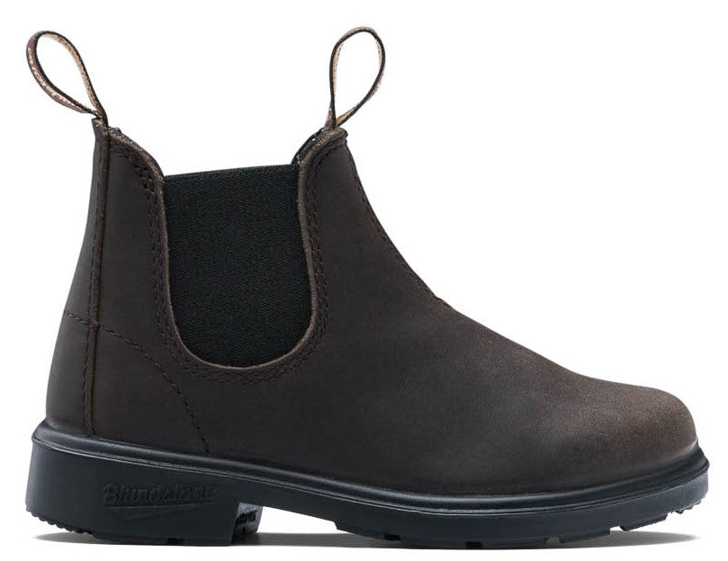 A brown leather Chelsea boot with elastic side panels, pull tabs on the front and back, and a black lug sole with the word Blundstone embossed on the heel.