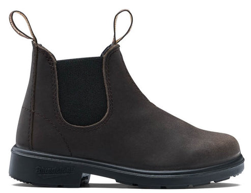 A brown leather Chelsea boot with elastic side panels, pull tabs on the front and back, and a black lug sole with the word Blundstone embossed on the heel.