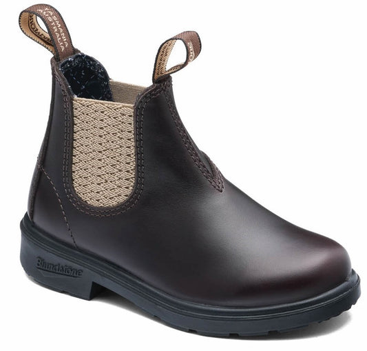 A brown leather Chelsea boot with a tan elastic side panel, two pull tabs labeled Tasmania Australia, and a black lugged sole with the word Blundstone embossed on the side.