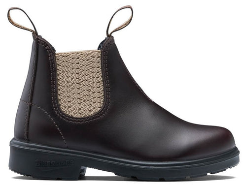 A dark brown leather Chelsea-style ankle boot with a black lug sole and a textured, beige elastic side panel, featuring two fabric pull tabs at the top opening.