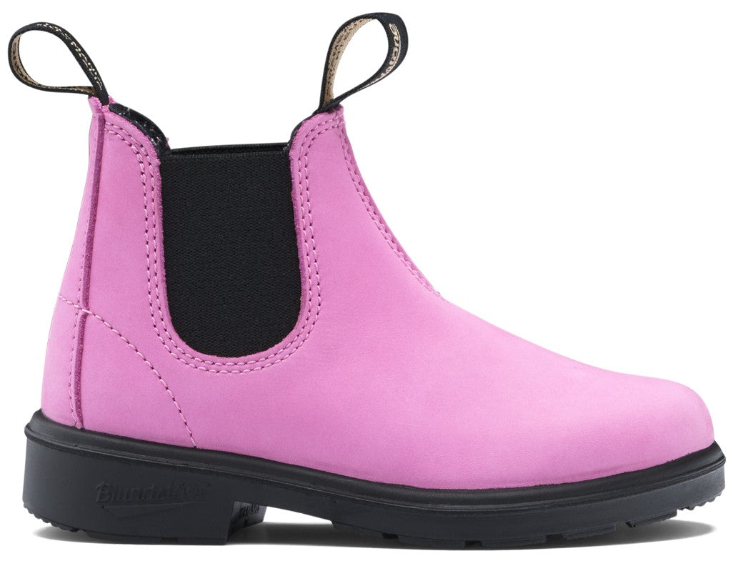 A pink leather Chelsea boot with black elastic side panels, black rubber soles, and two black pull tabs at the top.