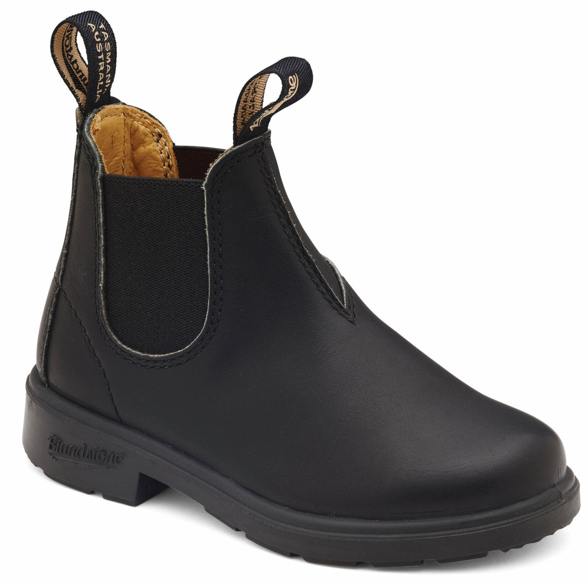 A black leather Chelsea boot featuring dual black elastic side panels and two woven fabric pull tabs at the opening, with a thick lugged rubber sole and the text Blundstone embossed on the side of the heel.