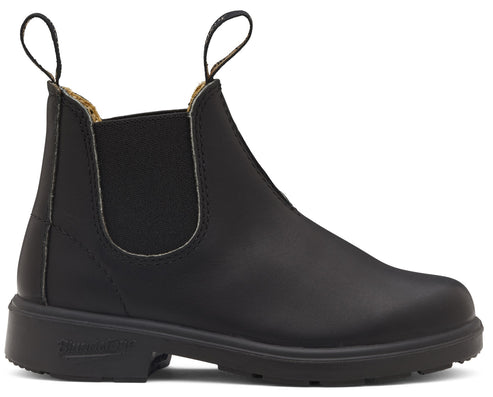 A black leather slip-on Chelsea boot with a thick rubber lug sole, elastic side panels, and two woven pull tabs at the top.