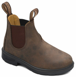 A brown leather Chelsea boot with dual pull tabs, dark brown elastic side panels, and a black lugged rubber sole. The pull tabs are labeled with 'TASMANIA AUSTRALIA' and 'Blundstone'.