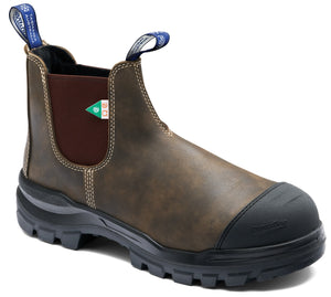 A brown leather work boot featuring a black rubber toe cap, elastic side gussets, pull tabs with 'Tasmania Australia' text, and a thick, lugged black sole.