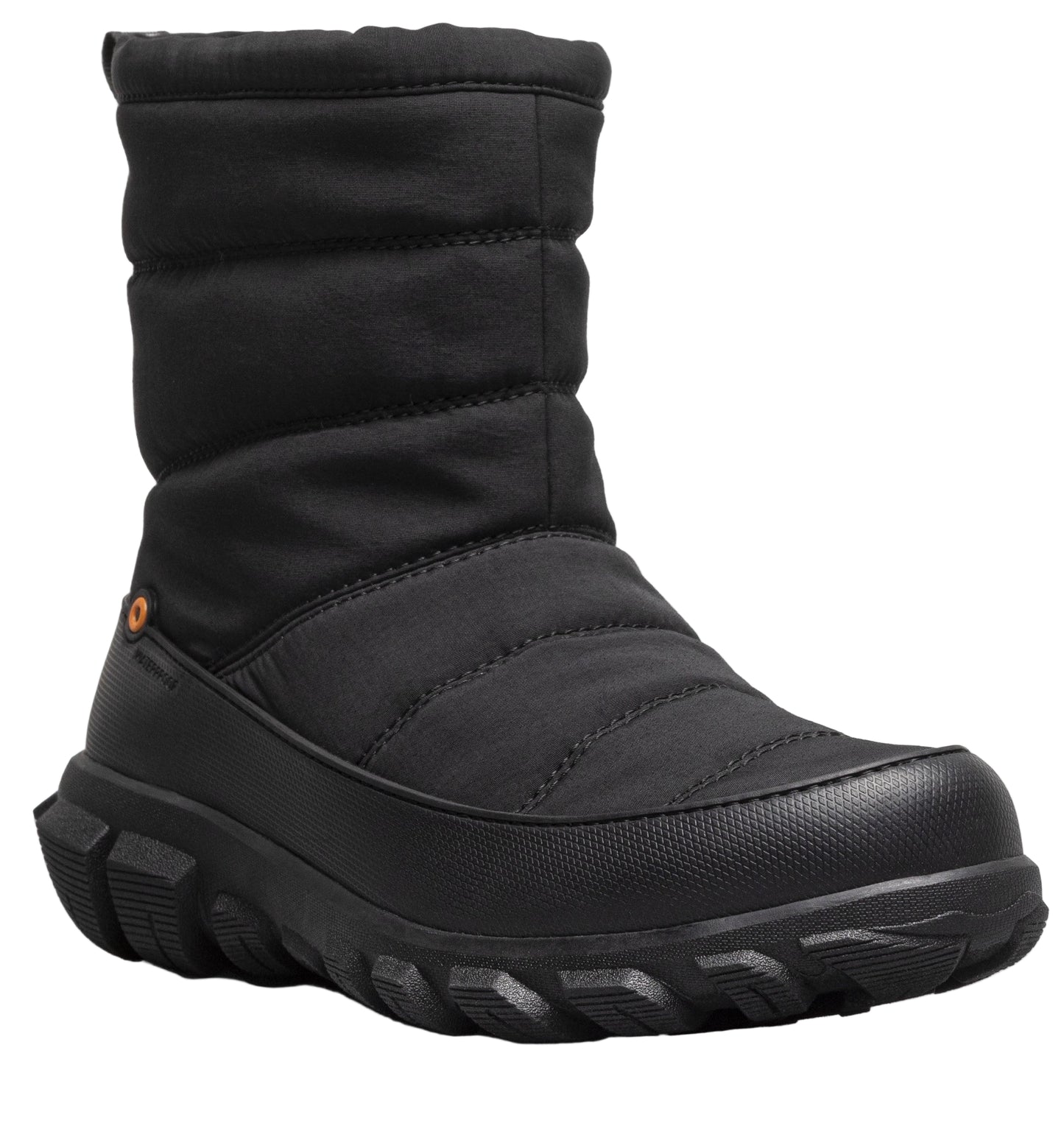 Black quilted winter boot with thick rubber sole.