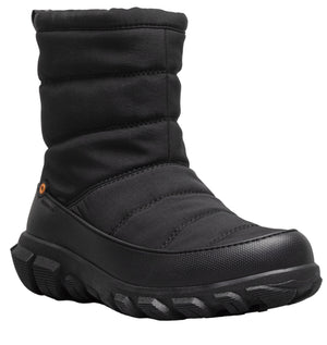 Black quilted winter boot with thick rubber sole.