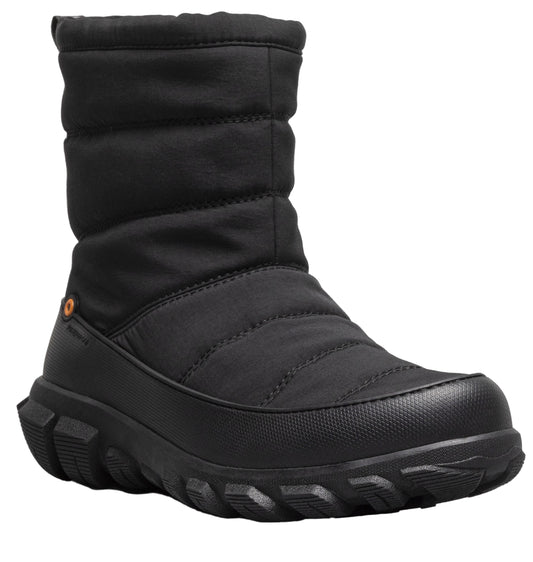 Black quilted winter boot with thick rubber sole.