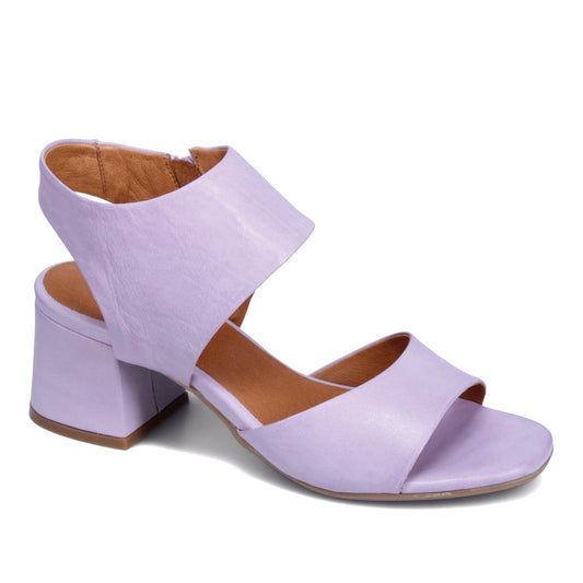 Lavender heeled sandal with a wide toe strap and ankle strap.