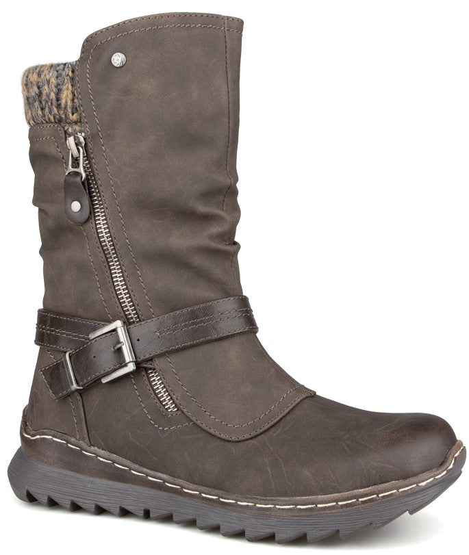 A brown calf-height synthetic leather winter boot with a decorative side zipper, a buckled strap around the ankle, a grey knitted collar at the top, and a thick, textured grey rubber sole with white contrast stitching.