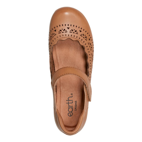 Tan leather Mary Jane shoe with scalloped edge and laser-cut detail on the toe.