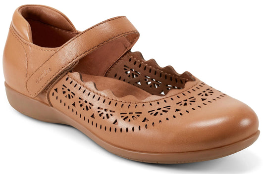 Tan Mary Jane shoe with floral cutouts and velcro strap.