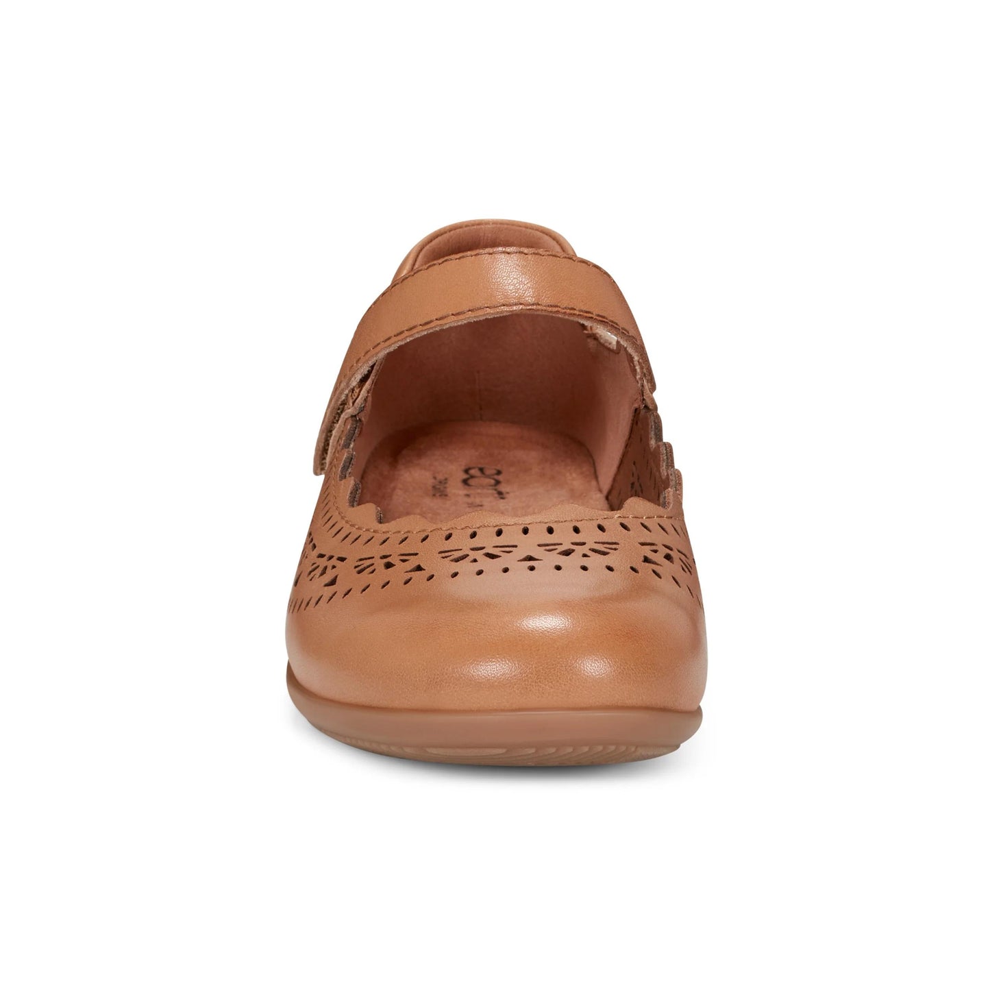 Tan Mary Jane shoe with laser cut outs and velcro strap.