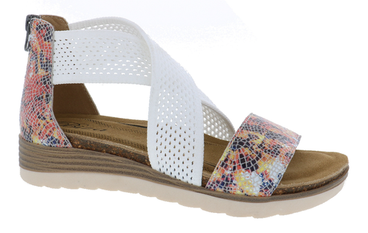 A snake print sandal with white crisscross straps and a zipper on the heel.