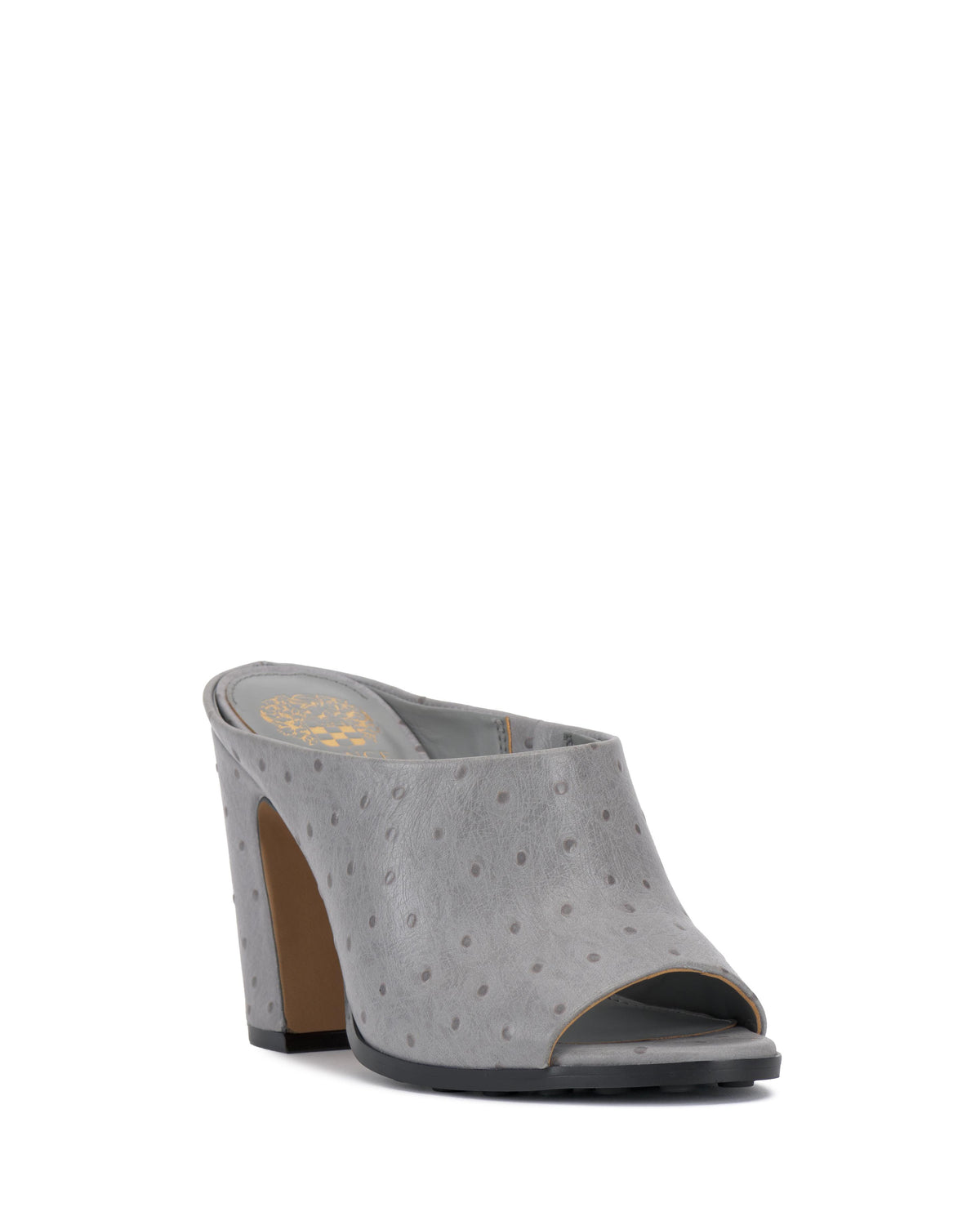 Gray, high-heeled, peep-toe mule shoe.