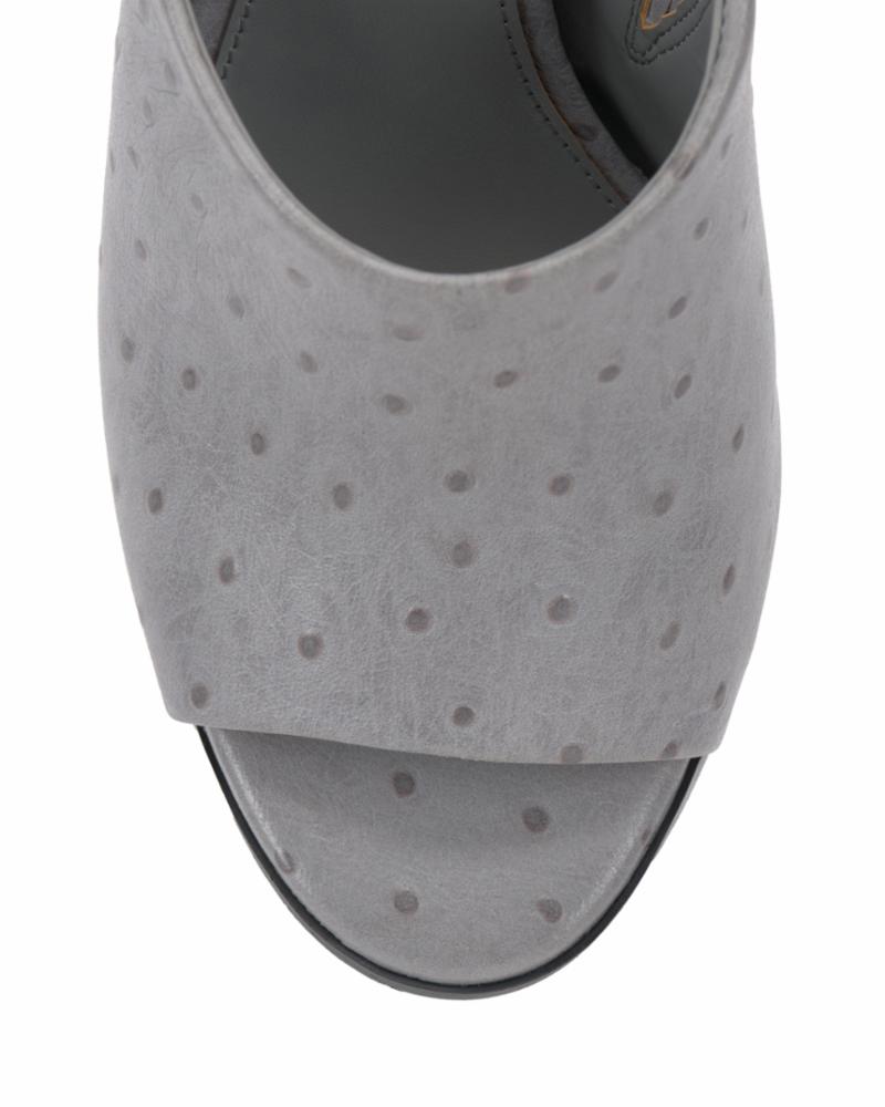 Close-up of gray, open-toed heel.